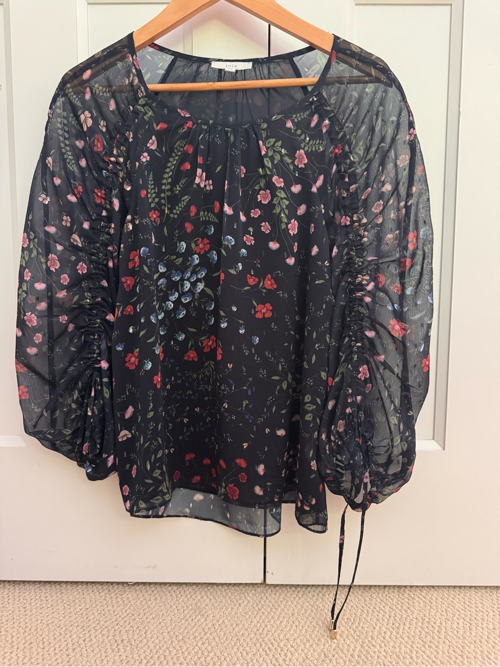 Joie Black Floral Sheer Ruched Sleeve Blouse